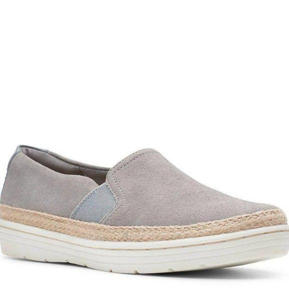 Clarks Grey Suede Leather Marie Sail OrthoLite® Espadrille Trimmed Loafer 9M